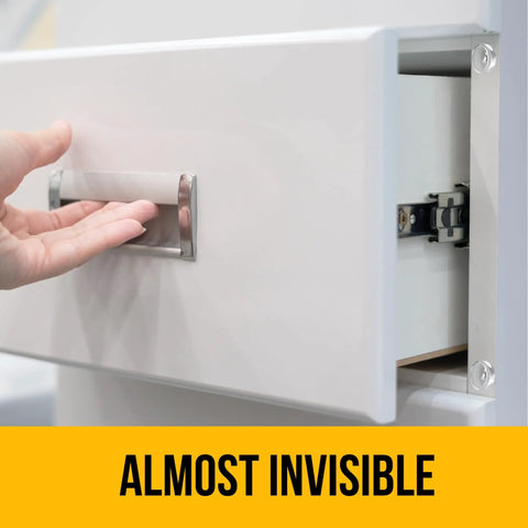 Person opening white drawer with Clear Self Adhesive Cabinet Bumpers 128 Pack For No More Slams Rubber Door And Drawer Cushions.