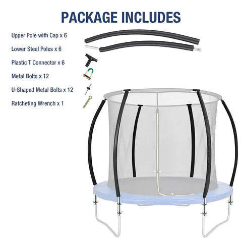 Heavy Duty 6 Pack Curved Trampoline Replacement Poles Universal Fit For Eight To Sixteen Foot Frames parts kit including poles and connectors.