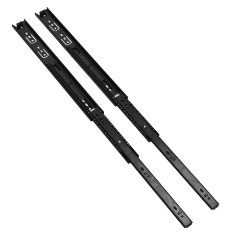 Heavy Duty Drawer Slide Set, 3-Section Black, 100 Lb Load Capacity, 16 Inch, metal hardware, two slides displayed.