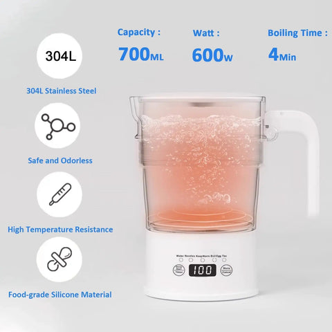 Foldable Electric Kettle 700ml Portable Collapsible Water Boiler With Keep Warm And Delay Start BPA Free 600W 304 Stainless Steel White