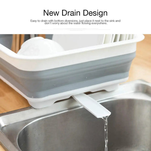 Collapsible Dish Drying Rack With Built-In Utensil Drying Rack draining water into a sink with space saving countertop drainer tray.
