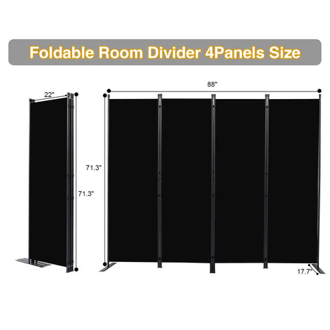 4 Panel Folding Privacy Screen Room Divider With Wider Feet, 6 Ft Portable Freestanding Partition In Black, 88x71 Inches, size view