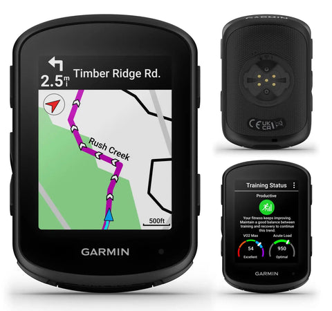 Edge 840 GPS Cycling Computer With Touchscreen And Button Controls showing navigation map and training status screen