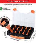 Image of the Portable 18 Compartment Parts Organizer Box With Removable Plastic Dividers For Screws Nuts Bolts Nails Orange Durable Storage Case For Garage Workshop And Craft Room A Real Handy Must Have, showing open case with labeled dimensions and dividers.