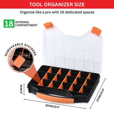 Image of the Portable 18 Compartment Parts Organizer Box With Removable Plastic Dividers For Screws Nuts Bolts Nails Orange Durable Storage Case For Garage Workshop And Craft Room A Real Handy Must Have, showing open case with labeled dimensions and dividers.