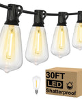 Close-up of 30 Ft LED Outdoor String Lights with 16 Edison Shatterproof Bulbs and packaging box, commercial grade patio lights.