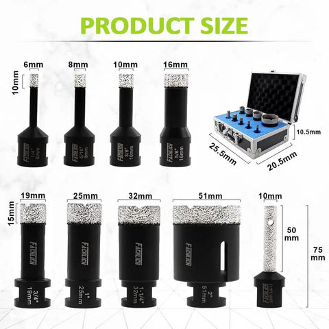 Diamond Core Drill Bits Set 6/8/10/16/19/25/32/51mm Hole Saw Kit With 10mm Diamond Finger Milling Bit 9 Piece Pro Grade