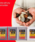 Hands holding polished rocks with four labeled bags of grit showing Extreme 12,000 Grit Aluminum Oxide Polish Refill Kit For Rock Tumblers