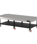 Heavy Duty Welding Fixture Table With 120X60 Inch Precision Laser Cut Grid And Raised Storage Shelf, mobile with caster wheels.