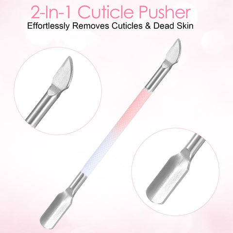 2-in-1 cuticle pusher with metal tips for cuticle care, included in 4 In 1 Cuticle Tool Set With Nipper Pusher Cutter And File In Pink Leather Case