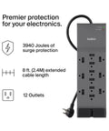 12-Outlet Surge Protector Power Strip With 12 AC Outlets And 8ft Flat Plug For Home Office Travel, UL Listed Heavy-Duty Extension Cord To Power Up Your Computer, Laptop, Phone, And Gear With 3,940 Joules Of Protection.