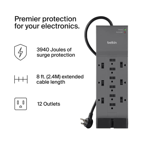 12-Outlet Surge Protector Power Strip With 12 AC Outlets And 8ft Flat Plug For Home Office Travel, UL Listed Heavy-Duty Extension Cord To Power Up Your Computer, Laptop, Phone, And Gear With 3,940 Joules Of Protection.