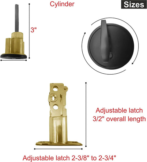Size guide for Keyed Alike Front Door Lock Set With Deadbolt And Knob, Oil Bronze Finish, showing cylinder and adjustable latch measurements.
