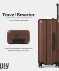 July Carry On Max Expandable luggage set; two dark brown 21.5in rolling suitcases with expansion zip and spinner wheels