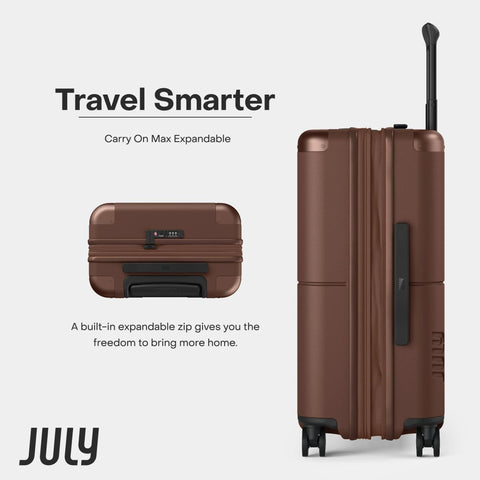July Carry On Max Expandable luggage set; two dark brown 21.5in rolling suitcases with expansion zip and spinner wheels