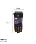 Heavy Duty Heat Resistant Grill Gloves For Outdoor Cooking With Dope Wrist Protection To Stop Burns Ideal For Grilling Barbecues Fireplaces Pizza Ovens And Charcoal Grills, black color gloves with packaging shown in size 360x190x20 mm.