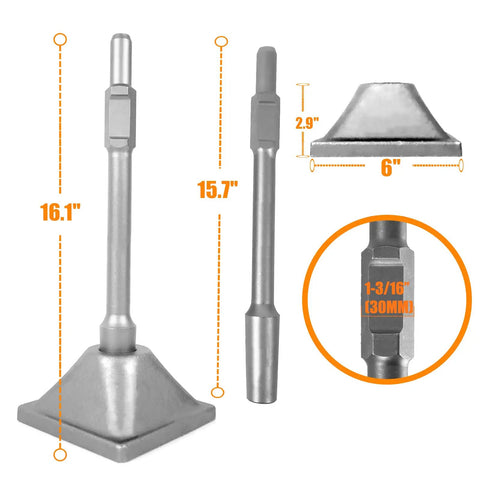 1-3/16 Inch Tamper Shank And 6x6 Inch Dirt Compactor Plate For Electric Jack Hammer featuring hex shank size and dimensions