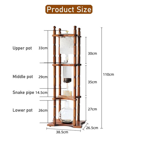 Premium Glass Cold Brew Coffee Dripper Tower With Adjustable Stainless Flow Valve And Rustic Wood Stand dimensions showcasing height and pot sizes.