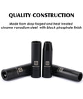 11 Piece 1/2 Inch Drive Deep Impact Socket Set Metric 10 11 12 13 14 16 17 19 21 22 24mm 6 Point Deep Sockets Radius Corner Design CR-V Steel Built Tough For High Torque And Lasting Durability shown with steel construction and markings
