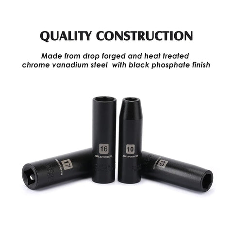 11 Piece 1/2 Inch Drive Deep Impact Socket Set Metric 10 11 12 13 14 16 17 19 21 22 24mm 6 Point Deep Sockets Radius Corner Design CR-V Steel Built Tough For High Torque And Lasting Durability shown with steel construction and markings
