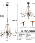 Diagram of Five-Light French Country Rustic Chandelier With Glass Bead Chains, White Distressed Wood Finish, 28 Inch Diameter. Adjustable Chain.