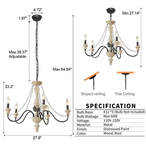 Diagram of Five-Light French Country Rustic Chandelier With Glass Bead Chains, White Distressed Wood Finish, 28 Inch Diameter. Adjustable Chain.
