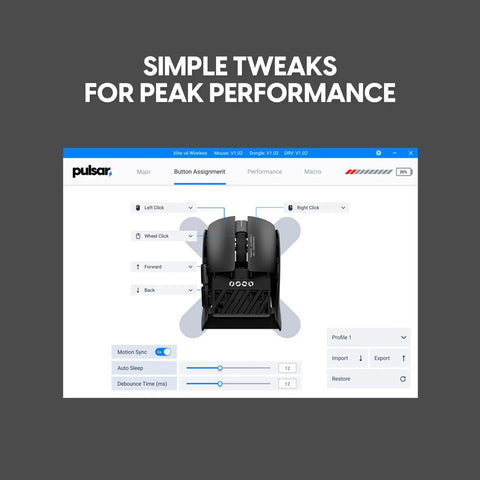 X2F Mini Fingertip Wireless Gaming Mouse Ultra Lightweight Low Latency Sensor settings screen showing button assignments.