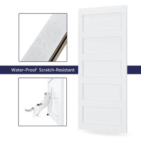 36x84 Inch Sliding Barn Door Kit With Hardware, Handle And Floor Guide, Waterproof PVC Surface, White 5-Panel Solid Slab