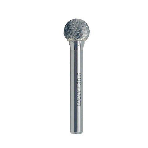 Tough Tungsten Carbide Double Cut Ball Shaped Rotary Burr File With 1/2 Inch Cutter Diameter And Length Plus 1/4 Inch Shank