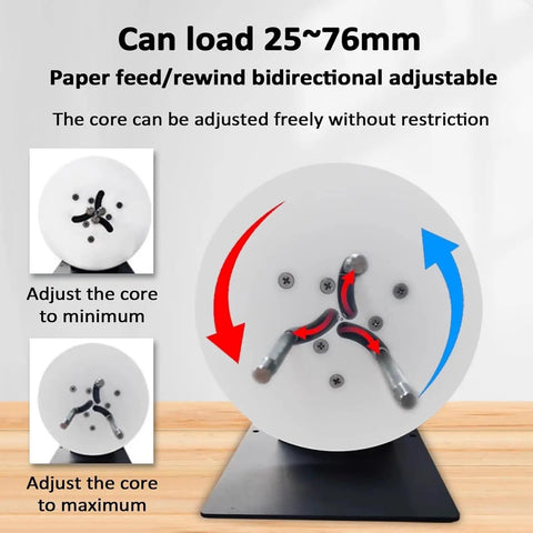 Bi-Directional Label Rewinder Machine Adjustable Width Up To 120Mm Automatic Speed Sync showing adjustable core settings for 25-76mm labels.