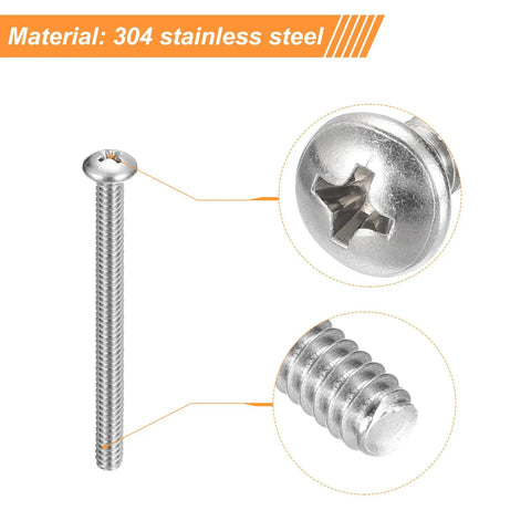 304 stainless steel pan head machine screw showing Phillips drive and fully threaded body size 10-24 X 4 inch used for tough construction.