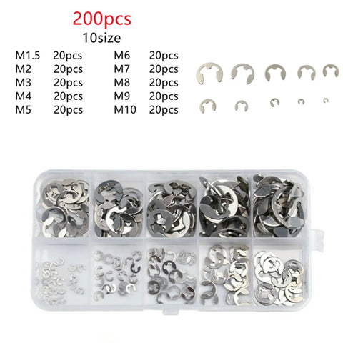 200 Piece E Clip Circlip Washer Set Kit Stainless Steel 304 External Snap Rings For Shafts 1.2 To 15 Mm M1.5 To M10 Range