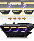 Ford Mustang Headlamp Upgrade With Sequential Animation, Slick Led Front Light For 2015-2026 Mustang GT EcoBoost Premium, 2016-2022 Shelby GT350 GT350R GT500, DRL Turn Signals, Custom Accessories MC Version displaying turn signal flash sequence.