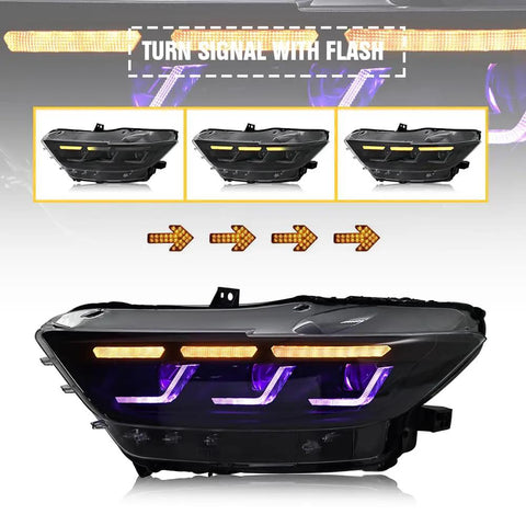 Ford Mustang Headlamp Upgrade With Sequential Animation, Slick Led Front Light For 2015-2026 Mustang GT EcoBoost Premium, 2016-2022 Shelby GT350 GT350R GT500, DRL Turn Signals, Custom Accessories MC Version displaying turn signal flash sequence.