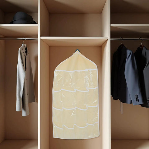 Slick Over Door Hanging Pocket Storage Organizer With Heavy Duty Steel Hooks For Closet Wardrobe Shoes Socks Sundries Space Saving Home Organization Top Tier Quality Craftsmanship displayed in closet with grey jacket.