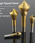 4 Piece Titanium Coated Countersink Chamfer Deburring Tool Set For Wood Metal PVC Aluminum Insulation Board Holes 2 To 5 Millimeters 5 To 10 Millimeters 10 To 15 Millimeters 15 To 20 Millimeters For Home Improvement With High Speed Steel Bits
