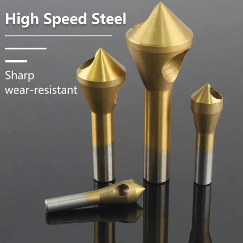 4 Piece Titanium Coated Countersink Chamfer Deburring Tool Set For Wood Metal PVC Aluminum Insulation Board Holes 2 To 5 Millimeters 5 To 10 Millimeters 10 To 15 Millimeters 15 To 20 Millimeters For Home Improvement With High Speed Steel Bits
