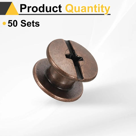 Close-up of M4 Chicago Screw with solid Phillips drive, 50 pack for leather projects, durable red copper coating.