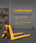 3300Lb Electric Pallet Jack With Li-ion Battery And Split Rocker Arm Forks Measure 48 By 27 Inches with max lift height of 7.3 inches