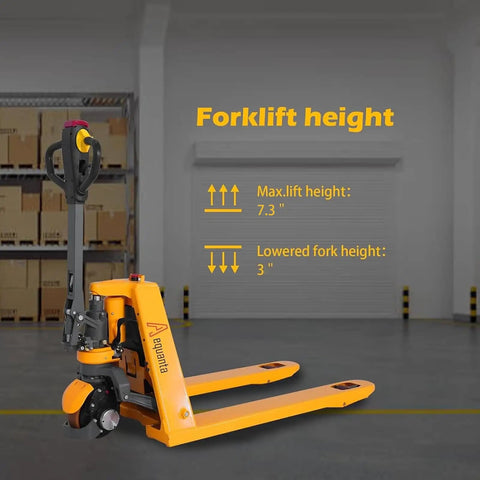 3300Lb Electric Pallet Jack With Li-ion Battery And Split Rocker Arm Forks Measure 48 By 27 Inches with max lift height of 7.3 inches