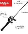 Grab And Go Spincast Rod And Reel Combo With A Six Foot Two Piece Fiberglass Rod And Size 30 Reel shown, labeled details