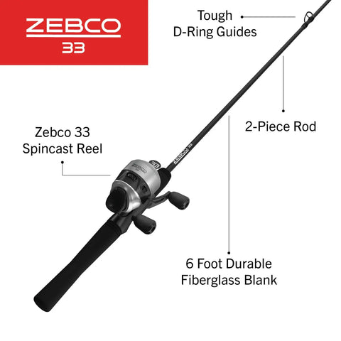 Grab And Go Spincast Rod And Reel Combo With A Six Foot Two Piece Fiberglass Rod And Size 30 Reel shown, labeled details