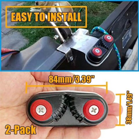 Aluminum Kayak Cam Cleat Set for Fast Entry and Secure Ties installed on a boat, showing dimensions and easy installation, black 2 pack.