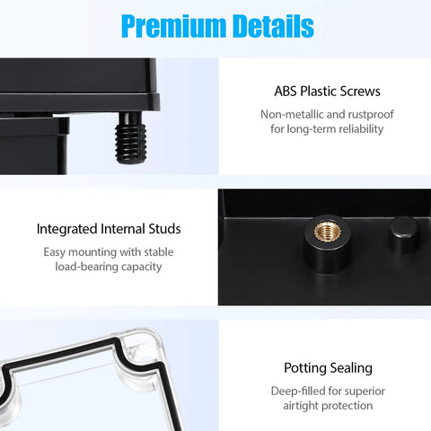 Rugged IP67 Waterproof Junction Box With Clear Top And Drop Dead Tough ABS Shell, showing ABS plastic screws and integrated internal studs.