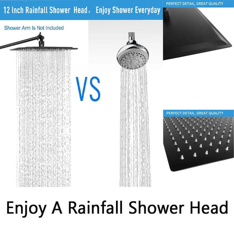 12 Inch Matte Black Rain Shower Head with 11 Inch Adjustable Extension Arm vs traditional shower head comparison.
