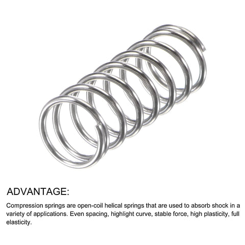 10-pack stainless steel compression springs, 0.8 mm wire, 10 mm outer diameter, 25 mm free length, silver.