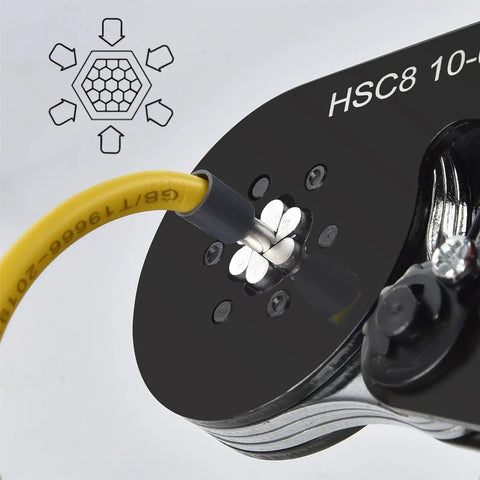 Heavy Duty Ferrule Crimping Pliers For 0.08-16Mm2 Wire Sleeves showing yellow wire and precision steel dies in use.