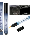 Your Go To Instant Car Scratch Eraser Pen For Quick Touch Ups And Invisible Swirl Mark Fixes On Any Finish No Sweat Auto Detailing Tool displayed with before and after car scratch repair.