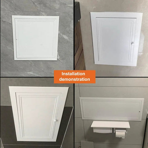 Galvanized Steel Attic Access Panel With Smooth Flush Door For Drywall Ceilings And Walls Sweet Fit Plumbing Service Cover Plate 22 By 36 Inches installation demonstration on various surfaces.