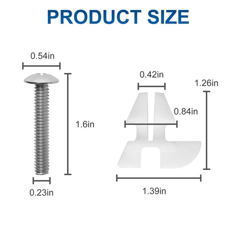 Top Tier Toilet Seat Hardware Kit Built Tough With Rust Resistant Screws And Durable Plastic Nuts dimensions showing mounting bolt and plastic nut sizes.